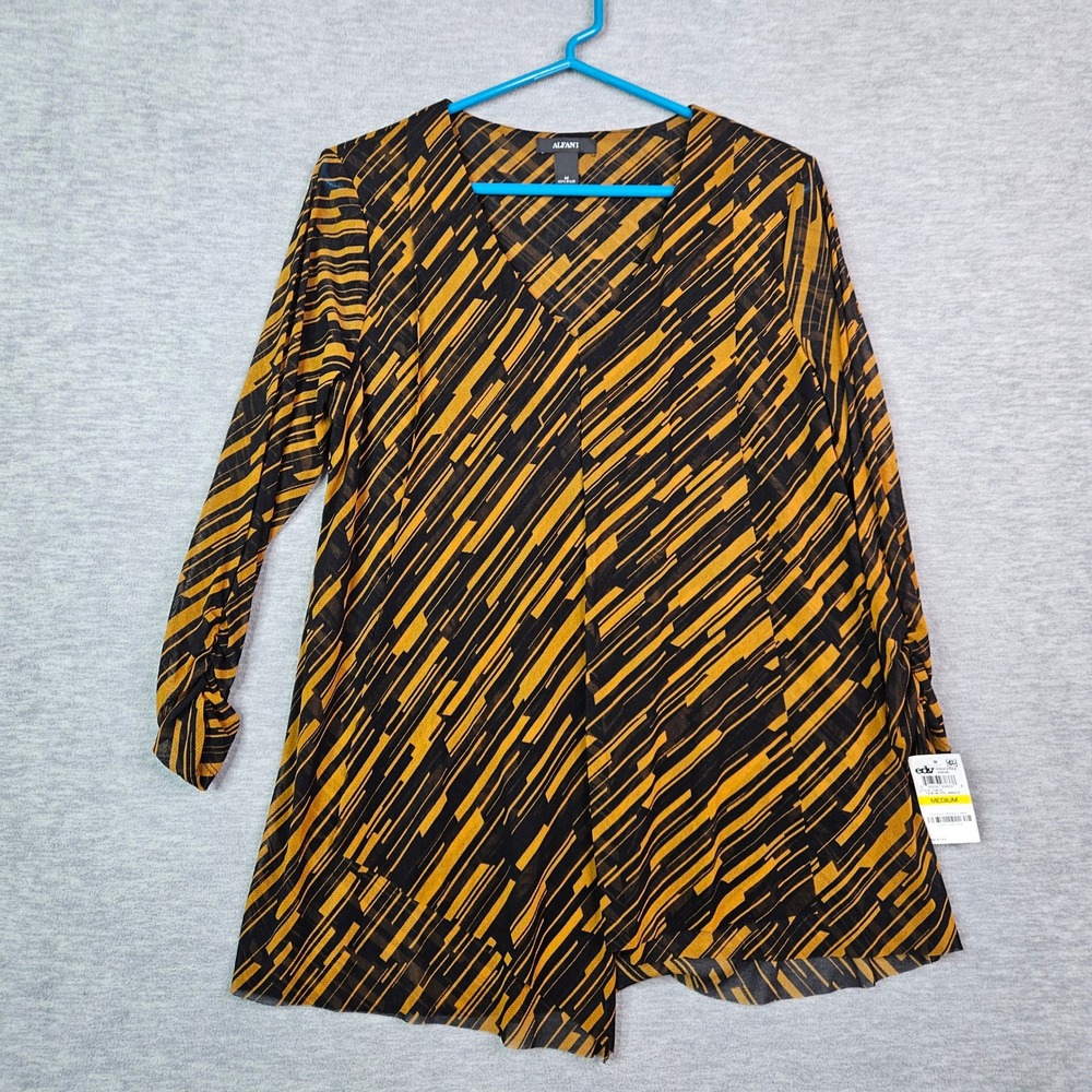 Alfani Womens Abstract Mesh Tunic Top Black Yellow V-Neck Long Sleeve M NEW